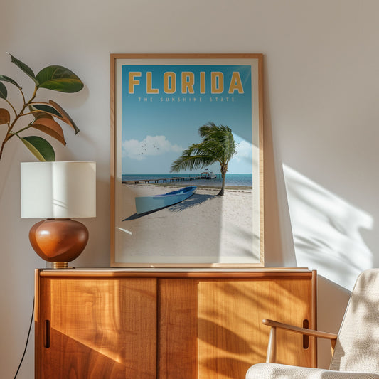 a framed poster of a beach scene with palm trees and a boat, hanging on a wall above a wooden cabinet.
