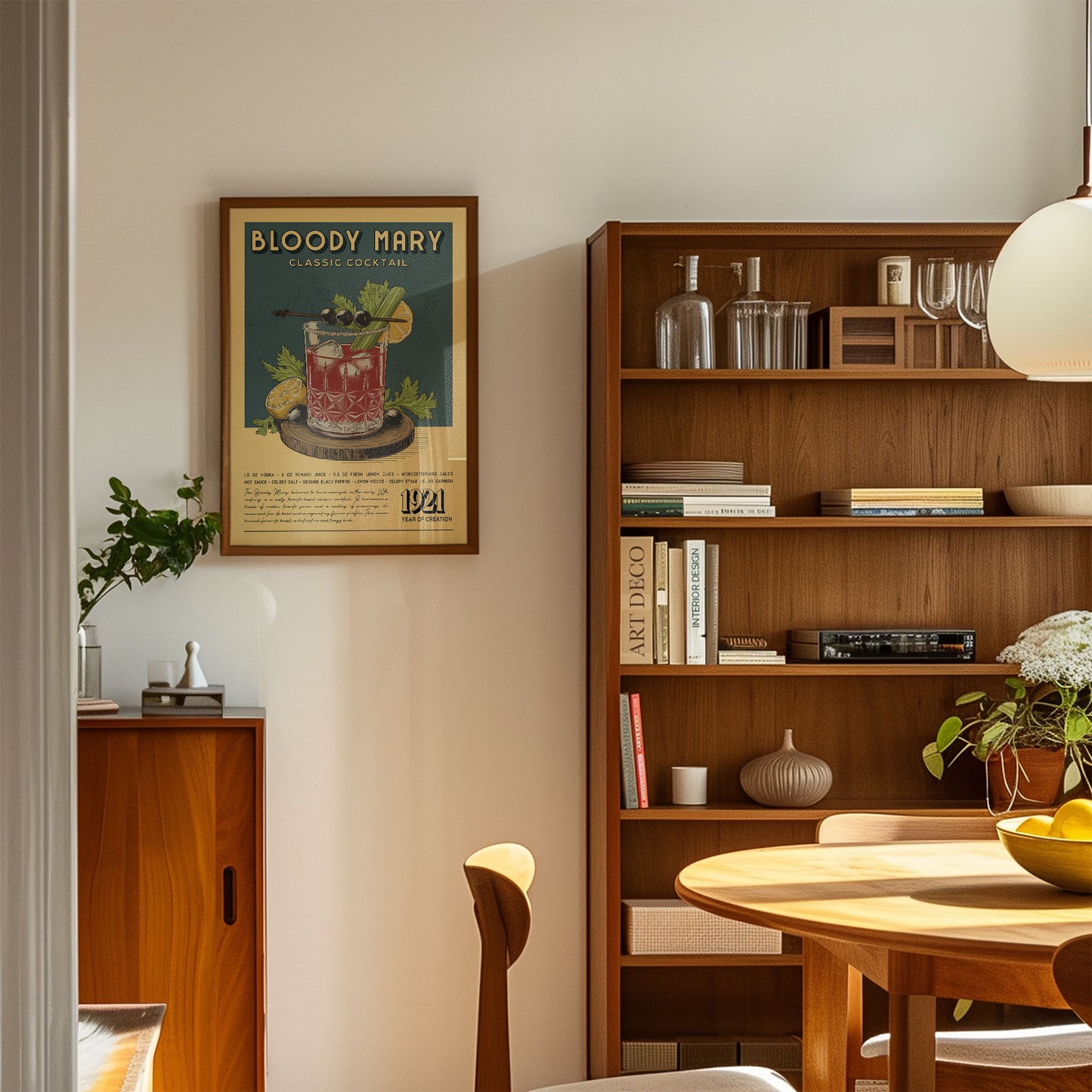 a cozy living room with a wooden bookshelf, a framed poster of a Bloody Mary cocktail, and a wooden cabinet. The room has a warm and inviting atmosphere, with natural light streaming in from the window.