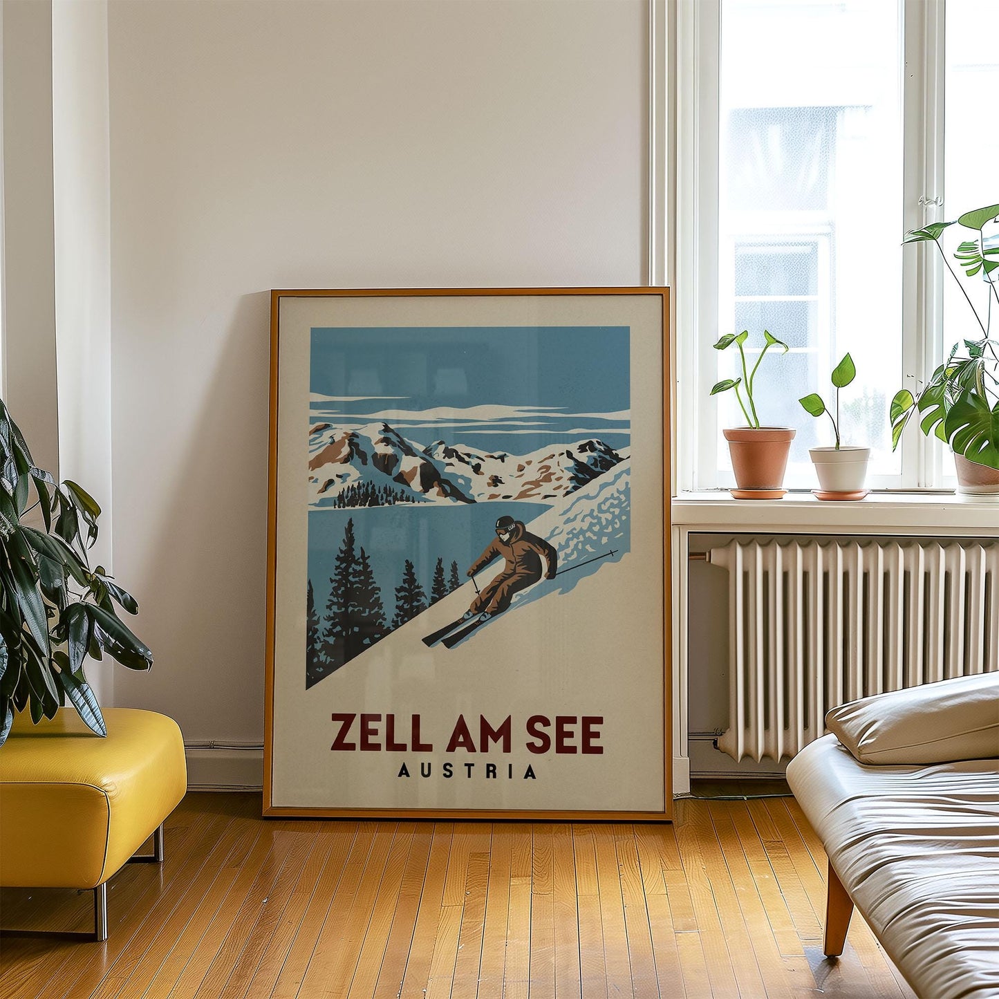 a poster of a skier on a snowy mountain