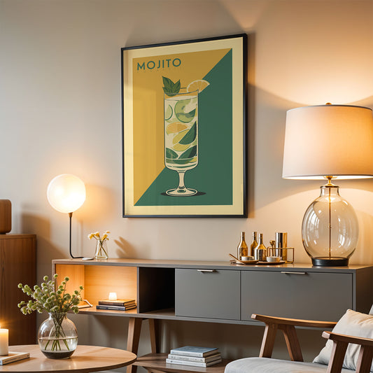 a living room with a framed poster of a mojito hanging on the wall, a wooden sideboard with a glass lamp, a wooden chair, and a small table with a vase of flowers.
