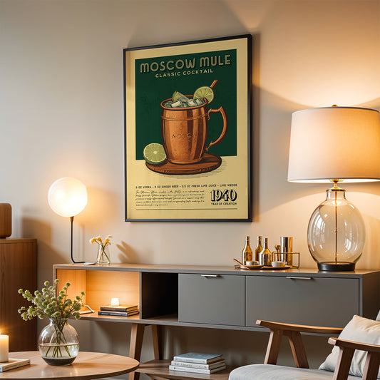 a framed poster of a Moscow Mule cocktail hanging on a wall in a living room setting.