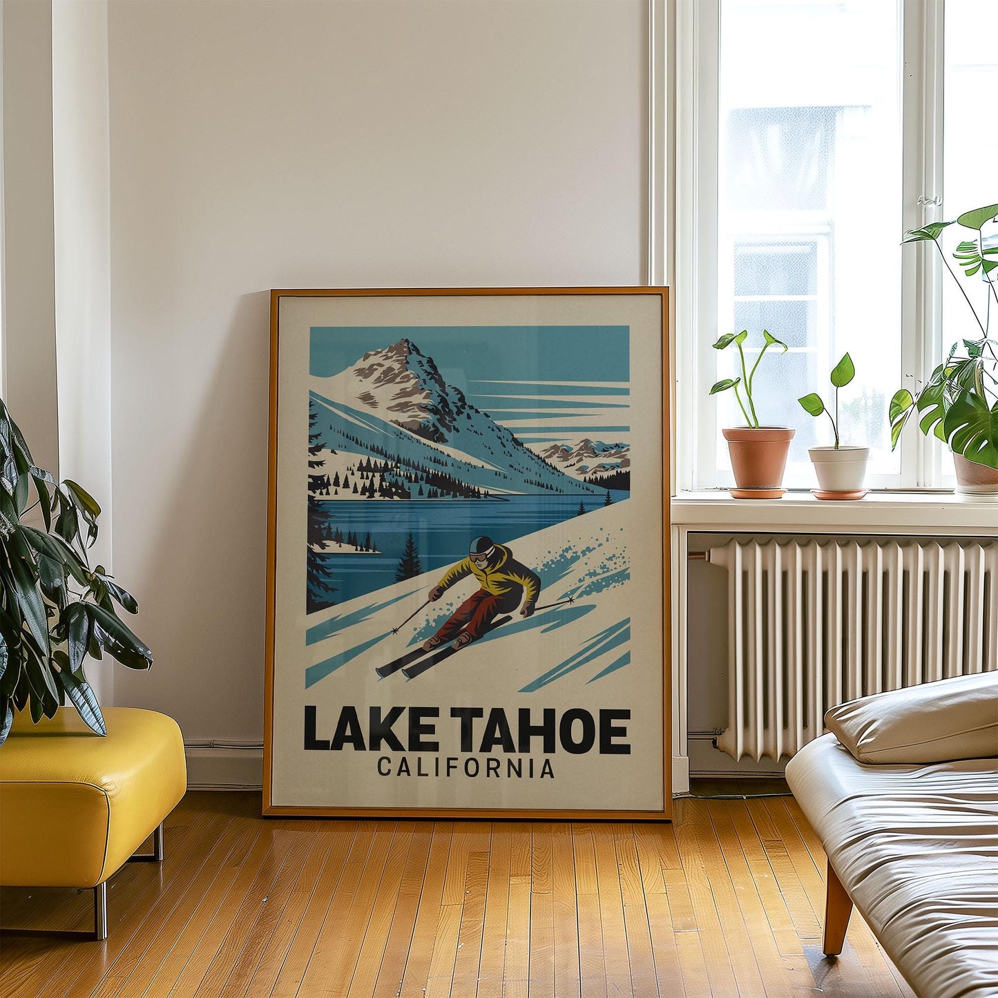 a picture of a ski poster in a living room