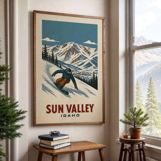 a framed poster of a snowboarder in a snowy mountain landscape, with the text "SUN VALLEY IDAHO" below the image.
