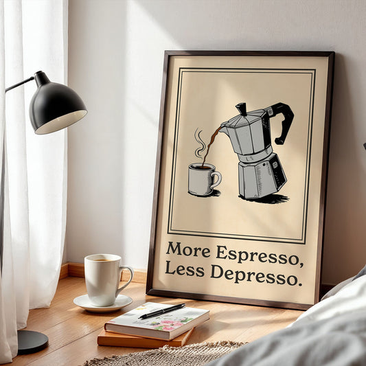 a poster with an illustration of a coffee maker pouring coffee into a cup, accompanied by the text "More Espresso, Less Depress."