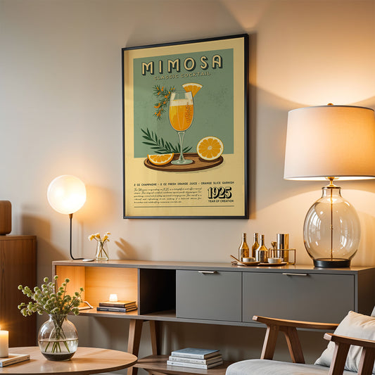 a poster of a mimosa cocktail hanging on a wall in a living room setting.