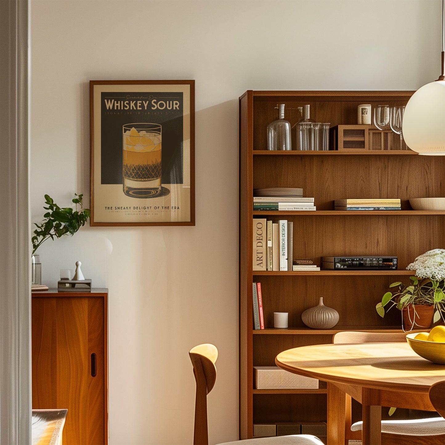 a cozy living room with a wooden bookshelf, a framed poster of whiskey sour, a wooden cabinet, a round wooden table, and a potted plant.