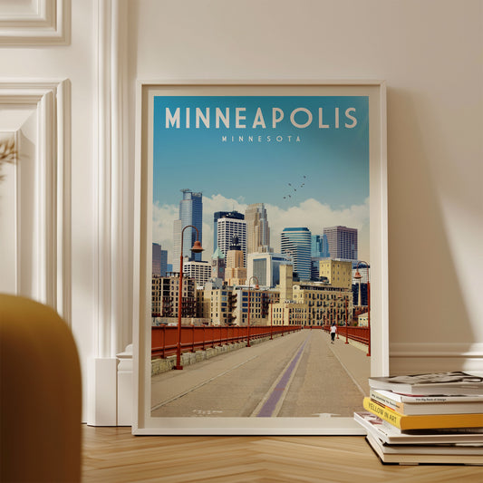 A framed poster of the Minneapolis skyline, with the text "MINNEAPOLIS MINNESOTA" prominently displayed.