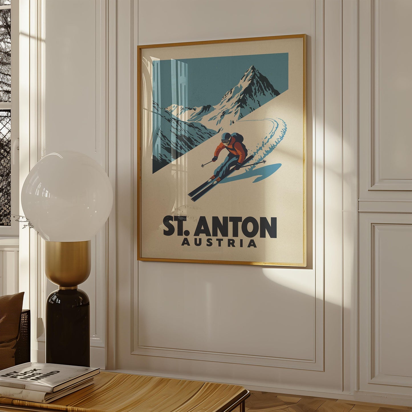 a poster of a skier is hanging on the wall