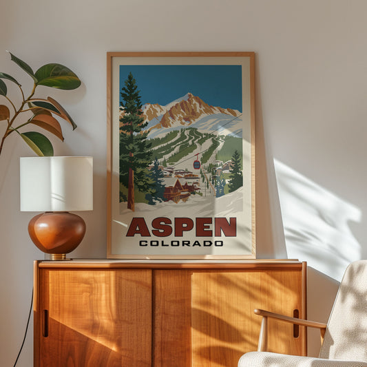 a framed poster of a mountain landscape with the text "Aspen, Colorado" on it, placed on a wooden cabinet or shelf.