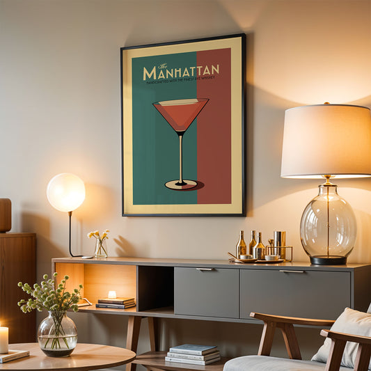 a living room with a framed poster of a cocktail glass hanging on the wall, a wooden sideboard with various decorative items, and a lamp on a table.