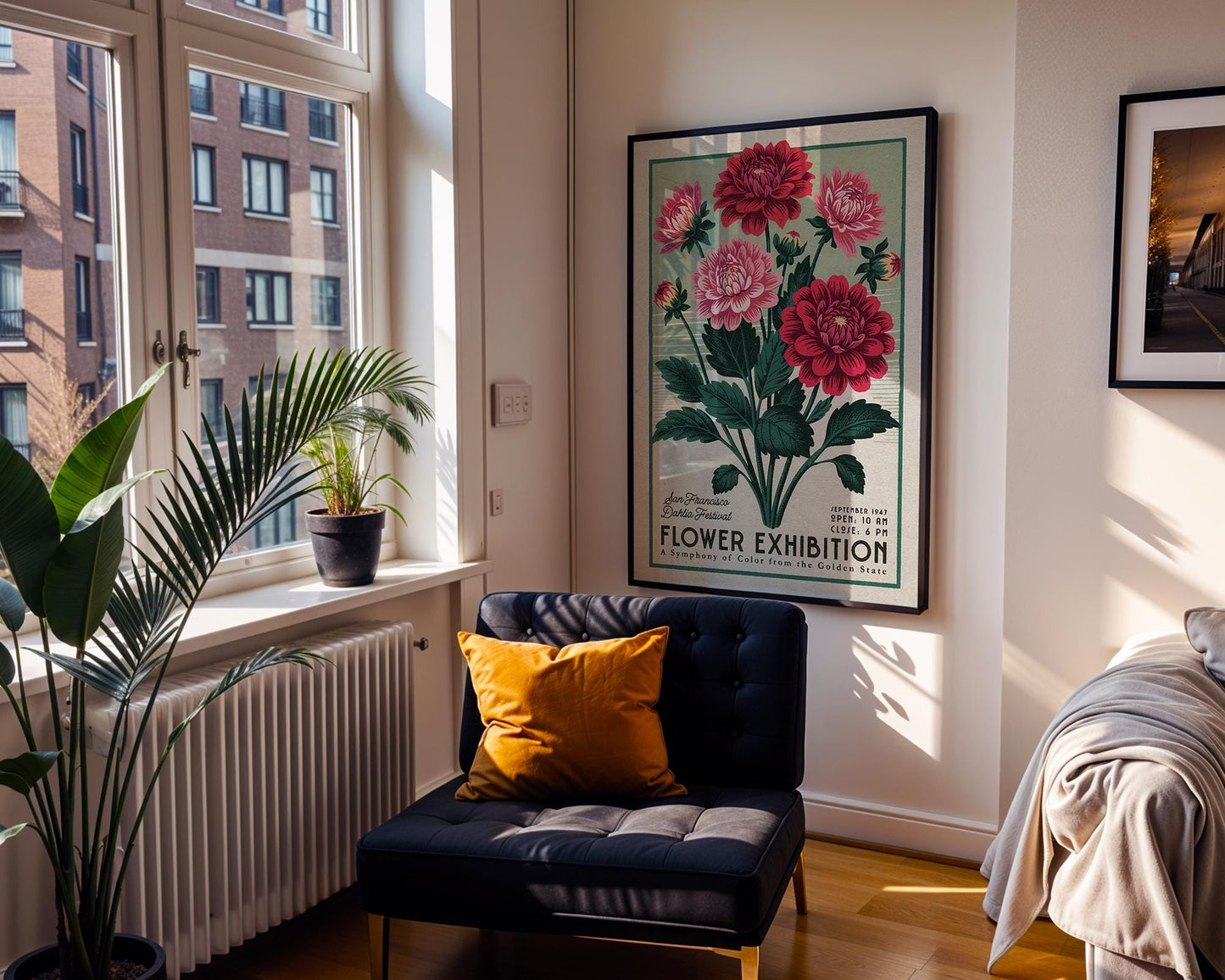 a room with a chair and a poster on the wall