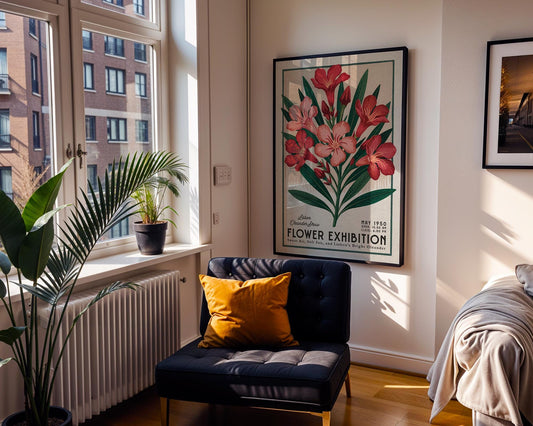 a room with a chair and a poster on the wall