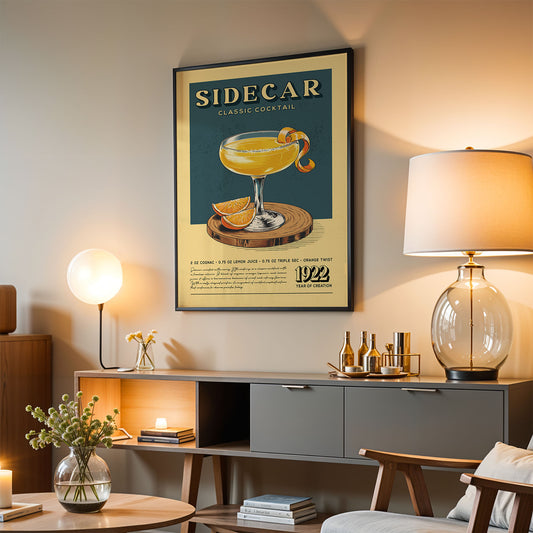 a poster of a classic cocktail called "Sidecar" hanging on a wall in a living room.