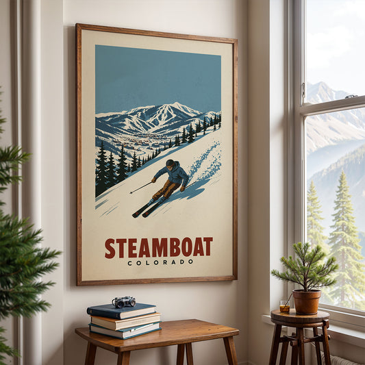 A framed poster of a skier on a snowy mountain is hanging on a wall, with a window and a small table with books and a plant in the foreground.