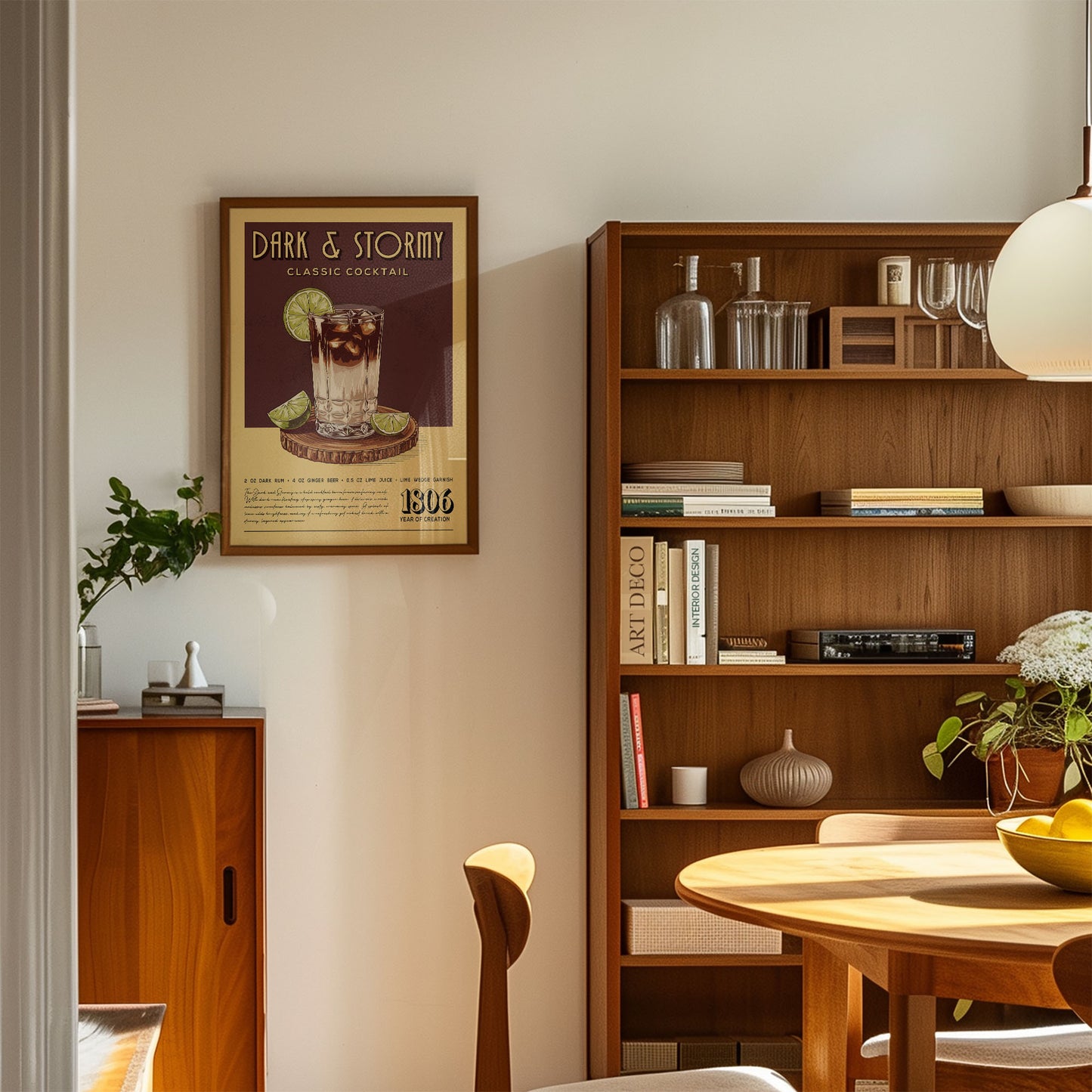 a cozy living room with a wooden bookshelf, a framed poster on the wall, and a wooden cabinet. The room has a warm and inviting atmosphere, with natural light streaming in from the window.