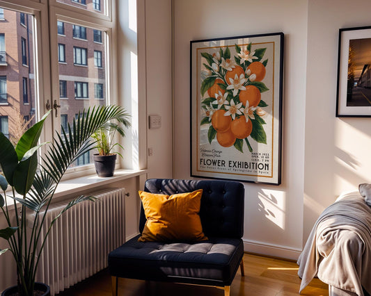 a room with a chair and a poster on the wall