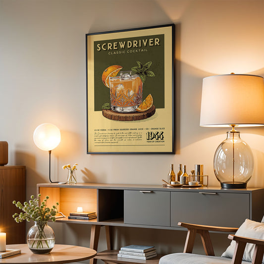 a framed poster of a Screwdriver cocktail hanging on a wall in a living room setting.