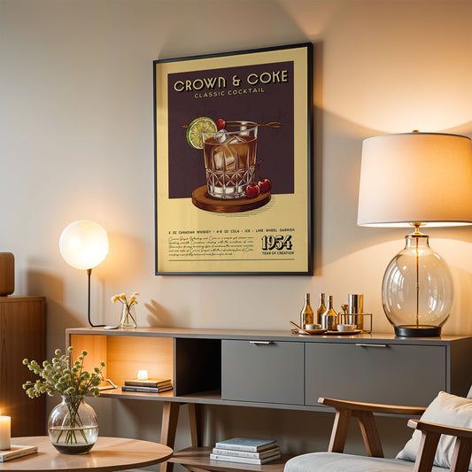 a framed poster of a classic cocktail, with a glass of the cocktail and various cocktail-related items displayed on a shelf below it.