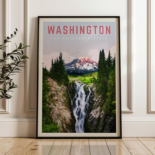 A framed poster of a waterfall surrounded by trees and mountains, with the text "WASHINGTON THE EVERGREEN STATE" displayed prominently.