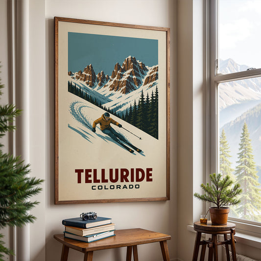 a framed poster of a skier on a snowy mountain, with the text "TELLURIDE COLORADO" below the image.