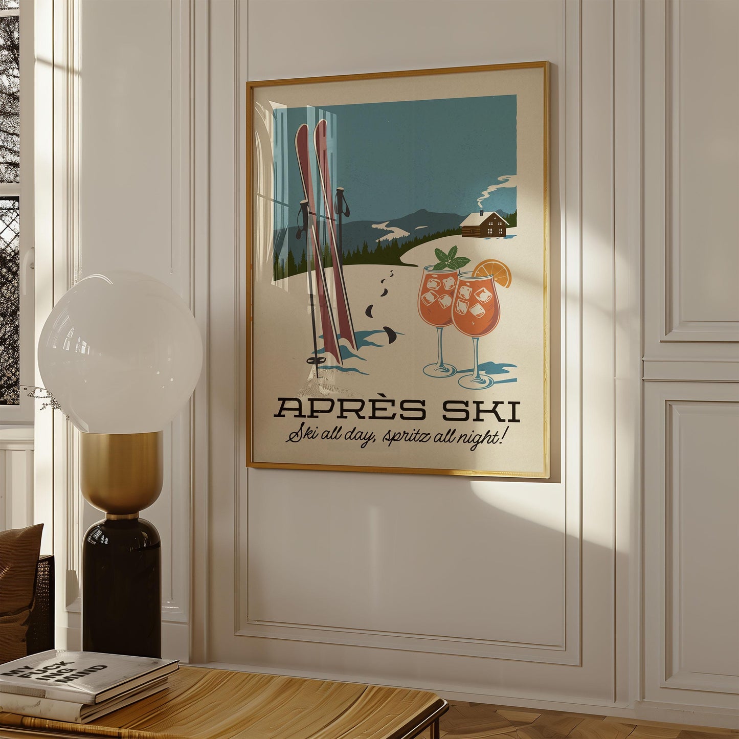 a poster hangs on the wall of a living room