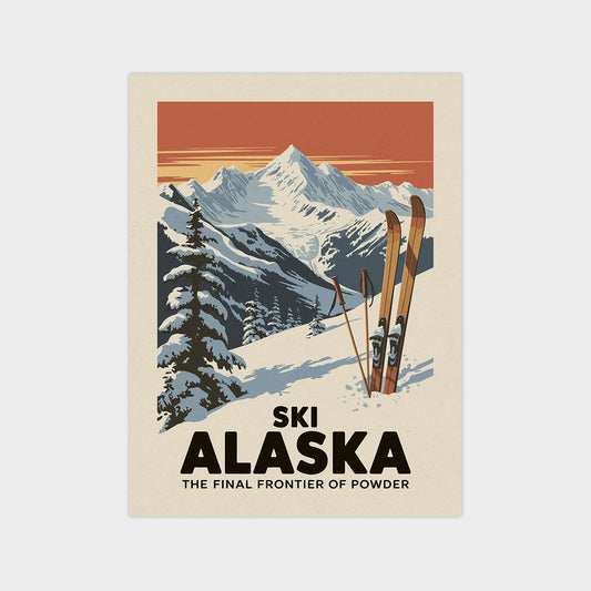 A vintage-style poster depicting a snowy mountain landscape with ski equipment, including skis and poles, against a warm orange and red sky.