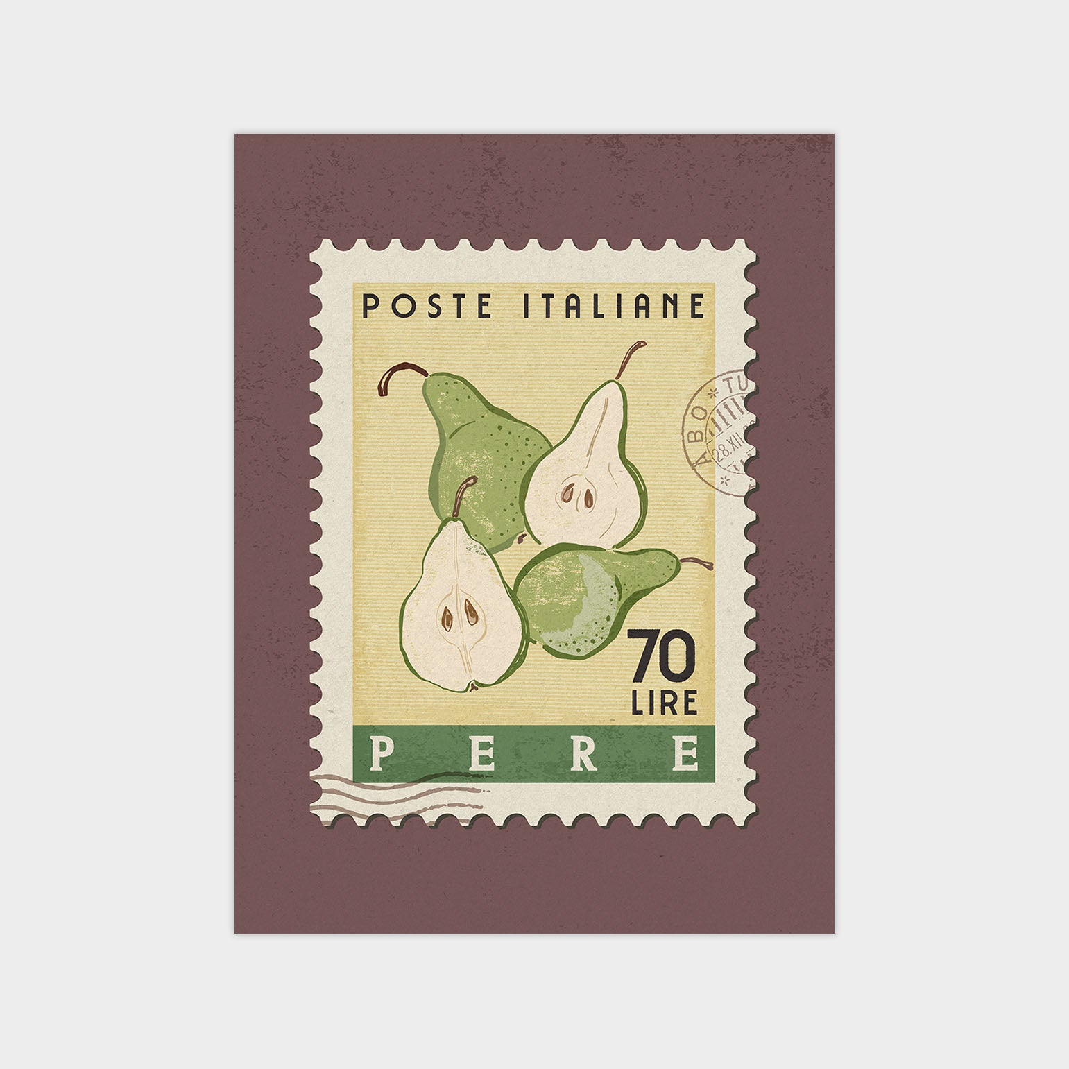 A postage stamp featuring a group of pears, with the text "POSTE ITALIANE 70 LIRE PERE" printed on it.