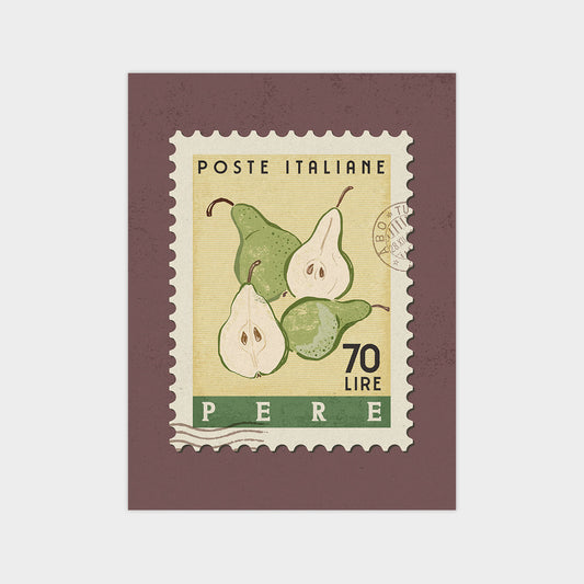 A postage stamp featuring a group of pears, with the text "POSTE ITALIANE 70 LIRE PERE" printed on it.