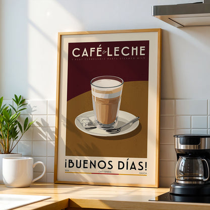 a framed poster of a cup of coffee on a table, with a coffee maker and a plant in the background.