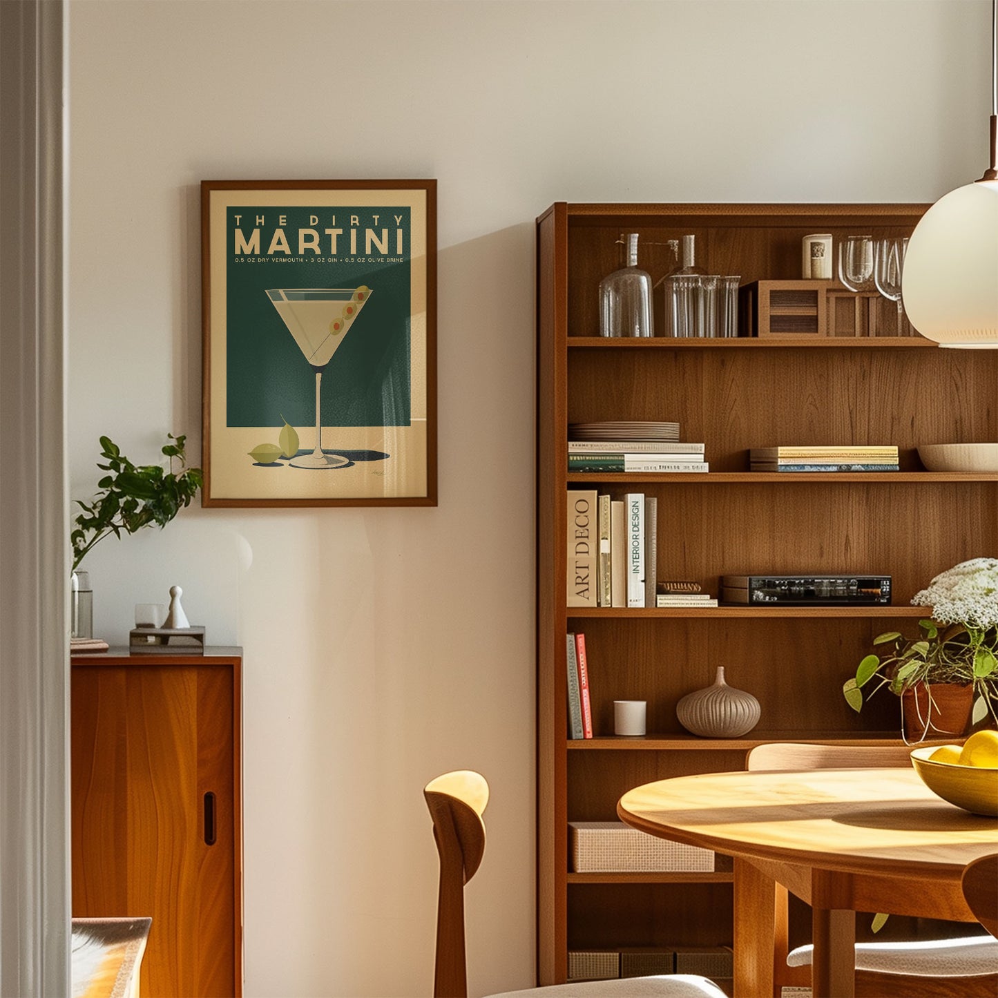 a cozy living room with a wooden bookshelf, a framed poster of a martini glass, and a wooden cabinet. The room has a warm and inviting atmosphere, with natural light streaming in from the window.