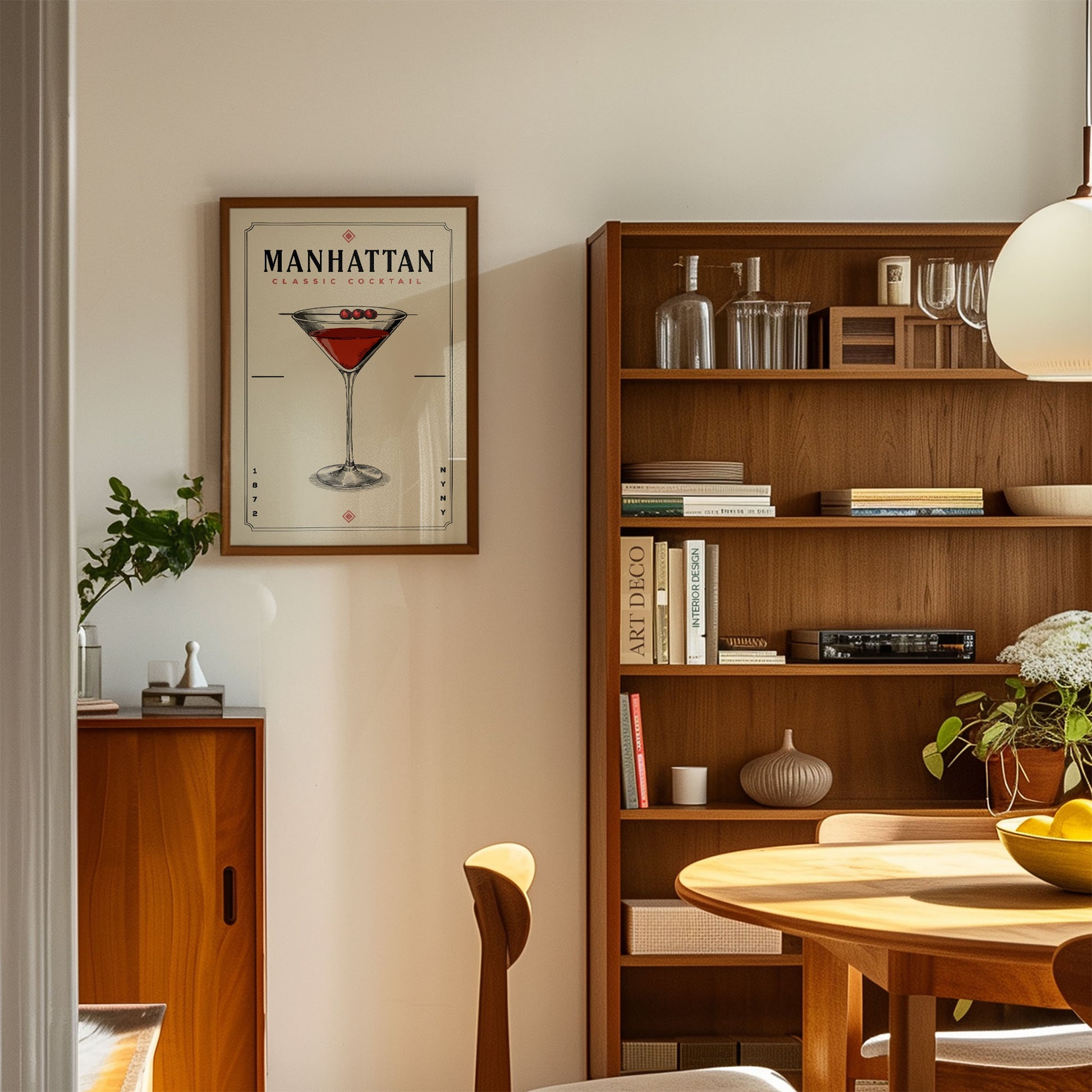 a cozy and well-organized living space with a wooden bookshelf, a framed poster of a Manhattan cocktail, and a wooden cabinet.