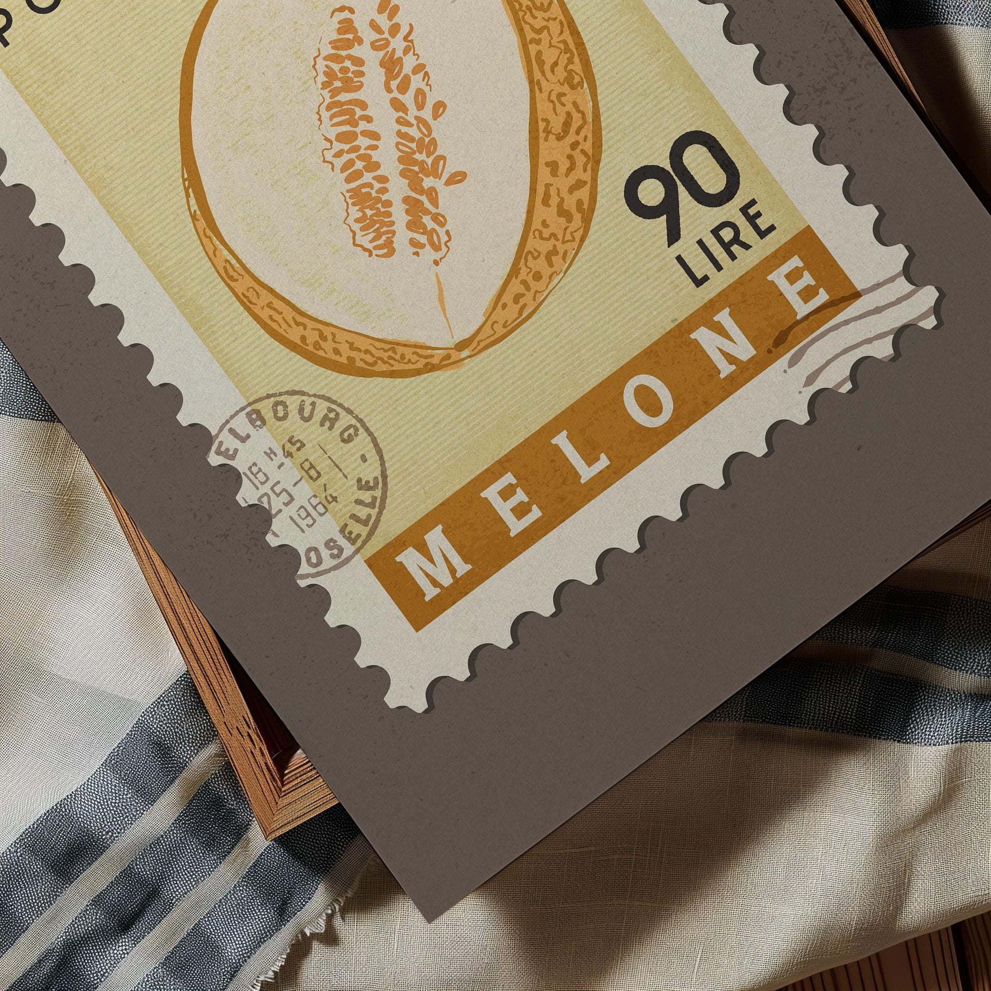 a close-up of a postage stamp from Melone, depicting a melon.