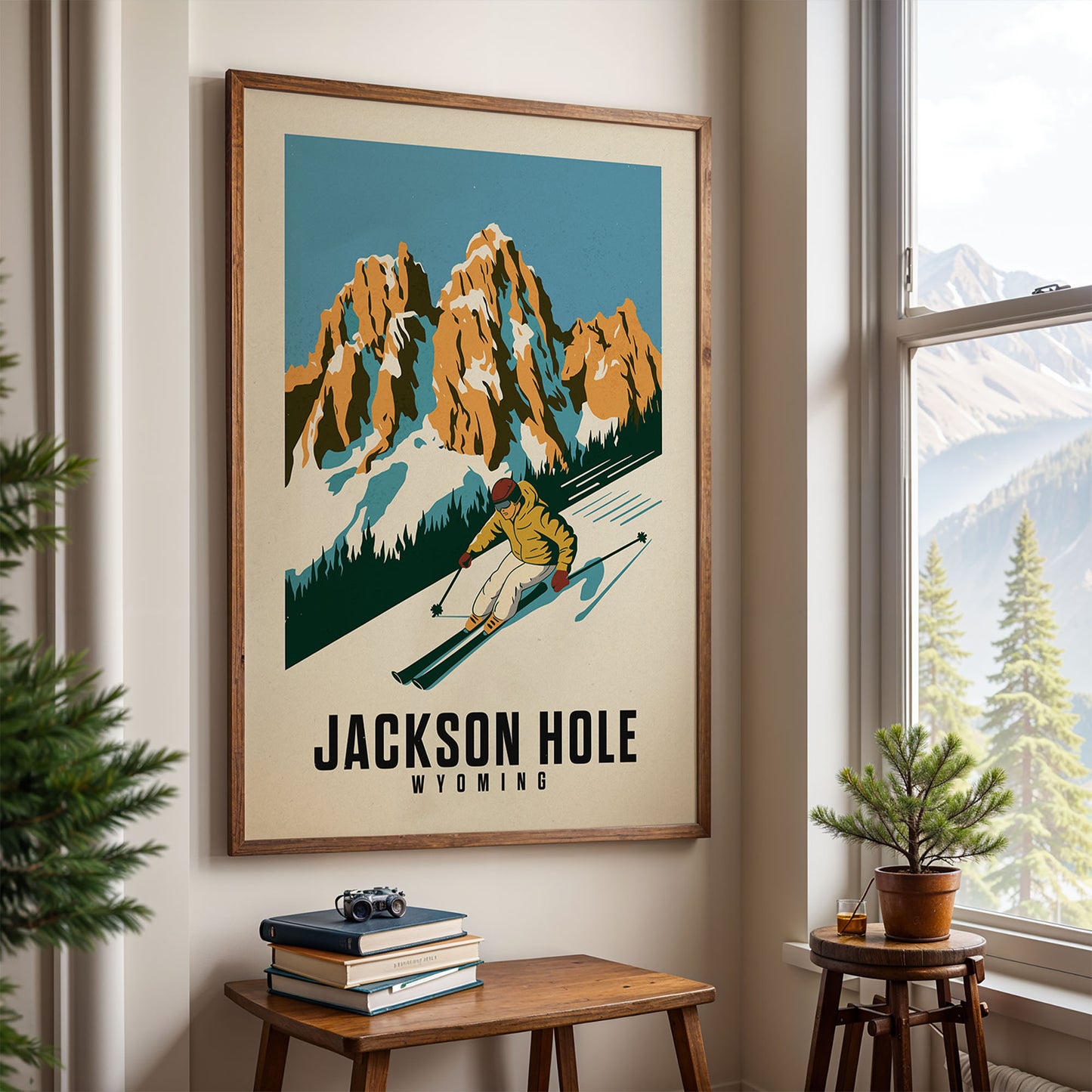 A framed poster of a skier in a yellow jacket and helmet, depicting a mountainous landscape with a ski slope, hangs on a wall in a room with a window overlooking pine trees.