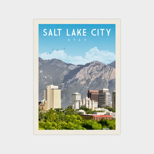 A framed poster depicting the Salt Lake City skyline, with mountains in the background and a clear blue sky above.