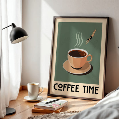a framed poster with a coffee cup and steam, accompanied by the text "COFFEE TIME" on a wooden floor.