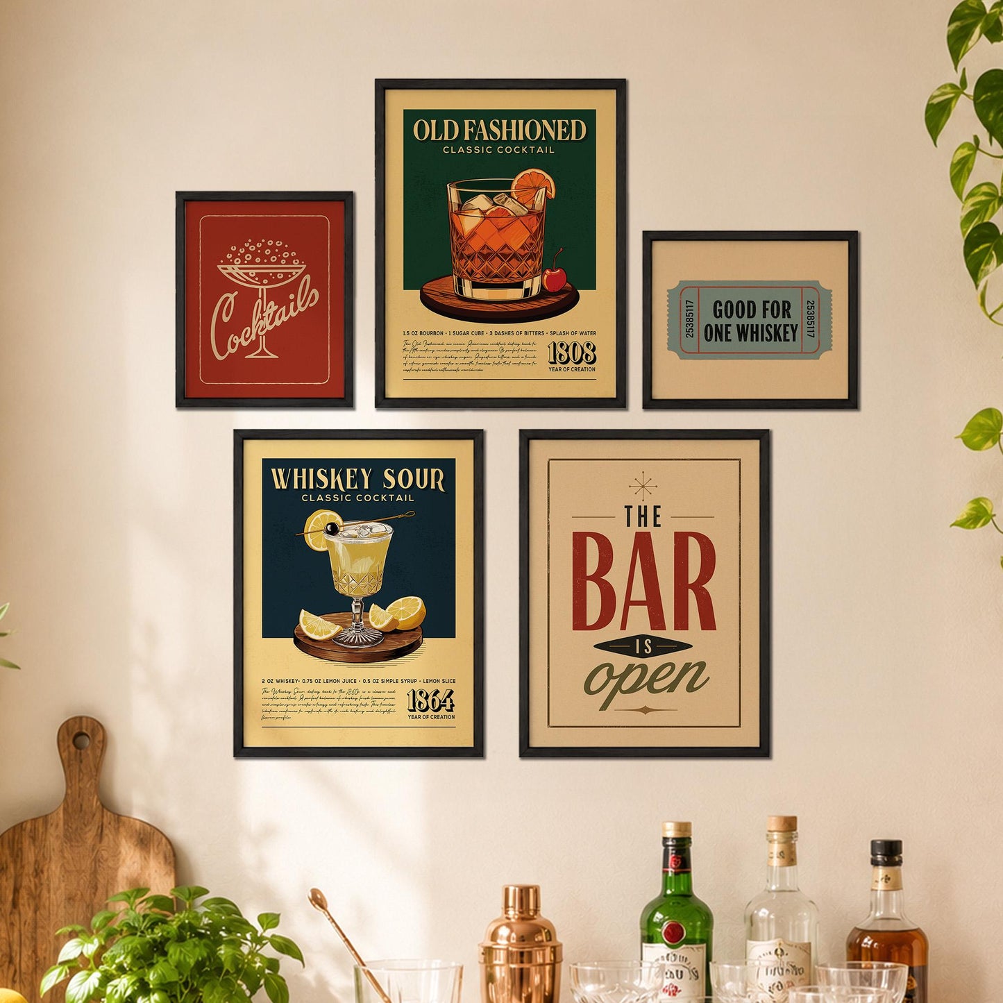 a wall adorned with framed vintage cocktails and a sign that reads "The bar is open", suggesting a bar or restaurant setting.