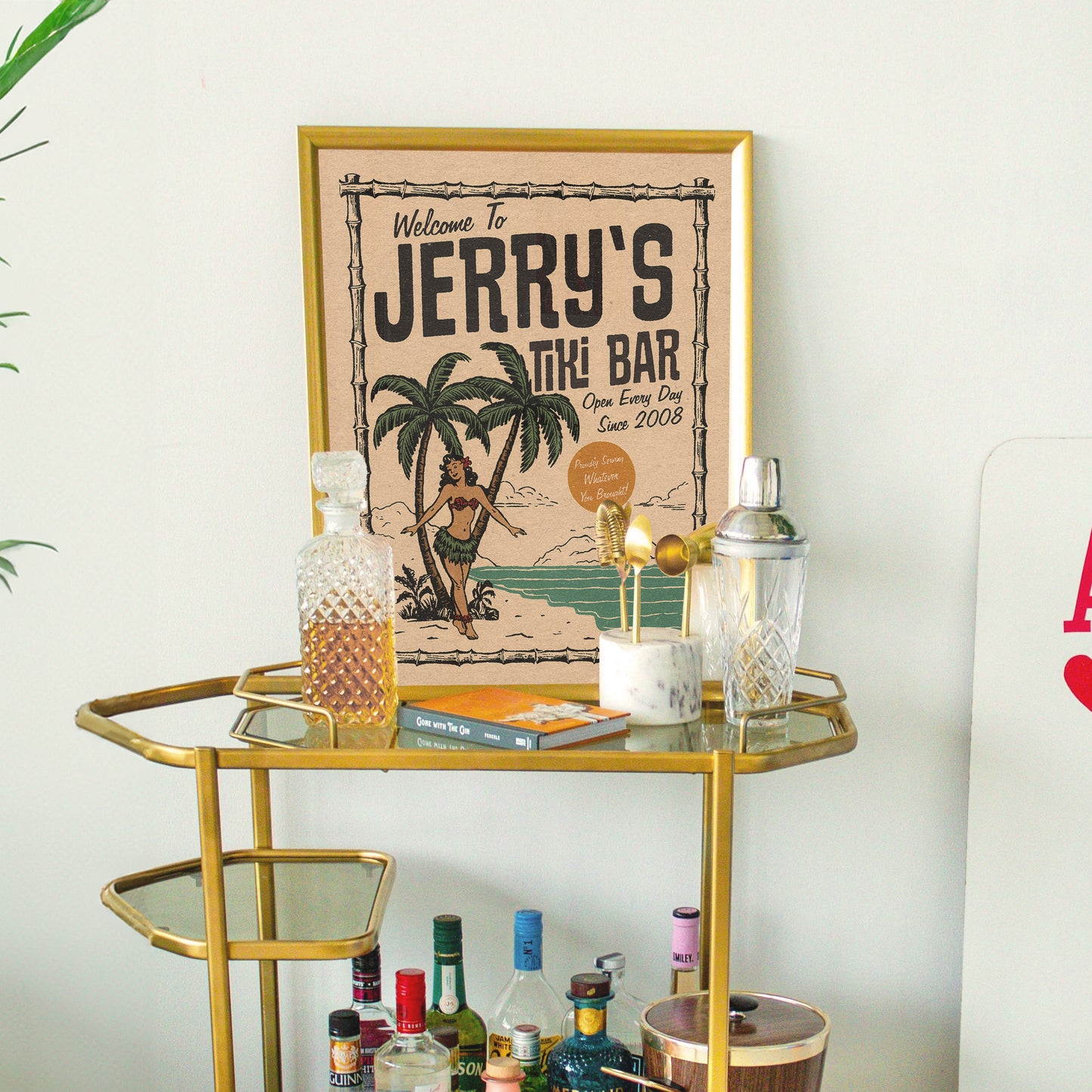 a bar cart filled with liquor bottles and liquor bottles