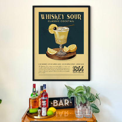 a framed advertisement for a whiskey sour cocktail, with a wooden bar counter and various liquor bottles and glasses below it.
