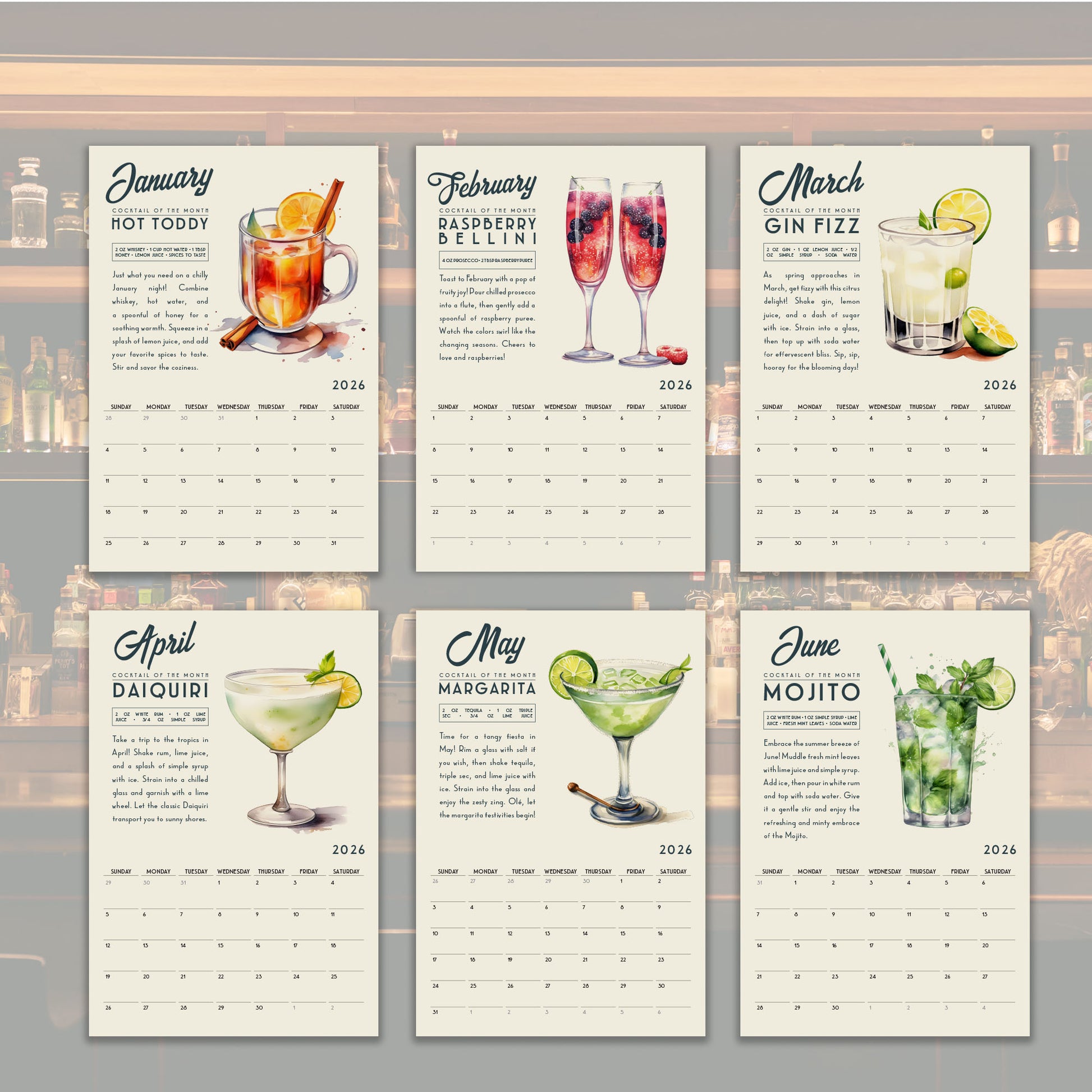 six calendar pages featuring different types of cocktails and their corresponding months.