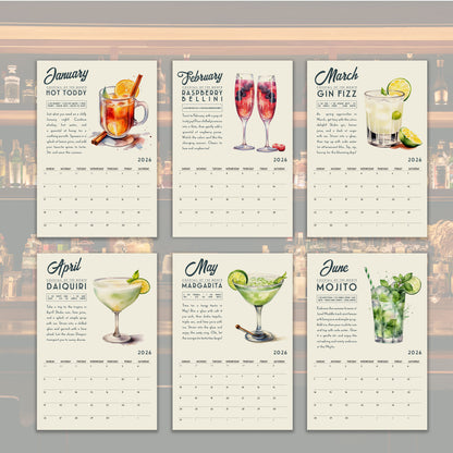 six calendar pages featuring different types of cocktails and their corresponding months.