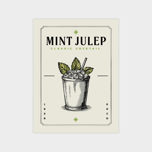 The image is a label for a mint julep cocktail, featuring a detailed illustration of the cocktail in a glass with mint leaves and ice cubes.