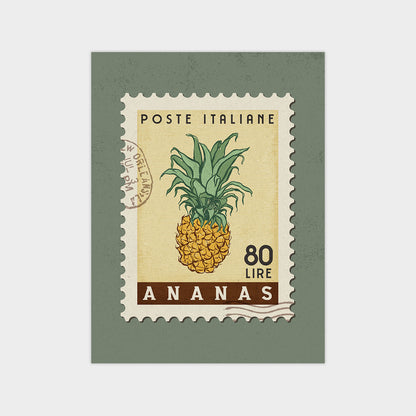 The image is a postage stamp featuring a pineapple illustration.