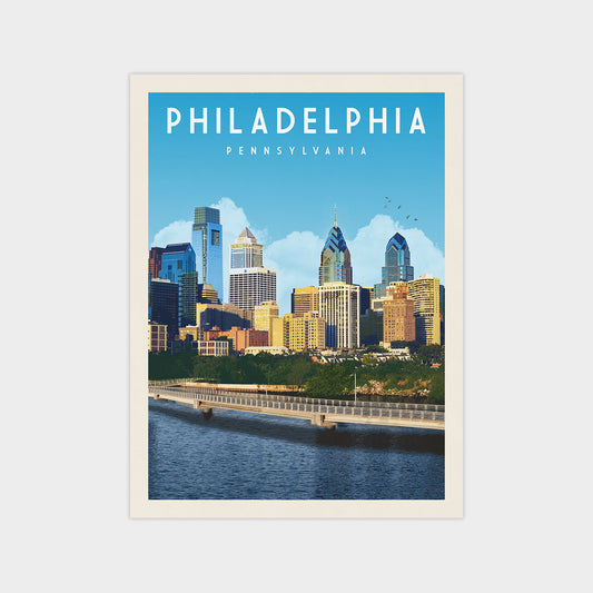 A poster of the Philadelphia skyline, featuring the city's iconic skyscrapers and landmarks, with a body of water in the foreground.
