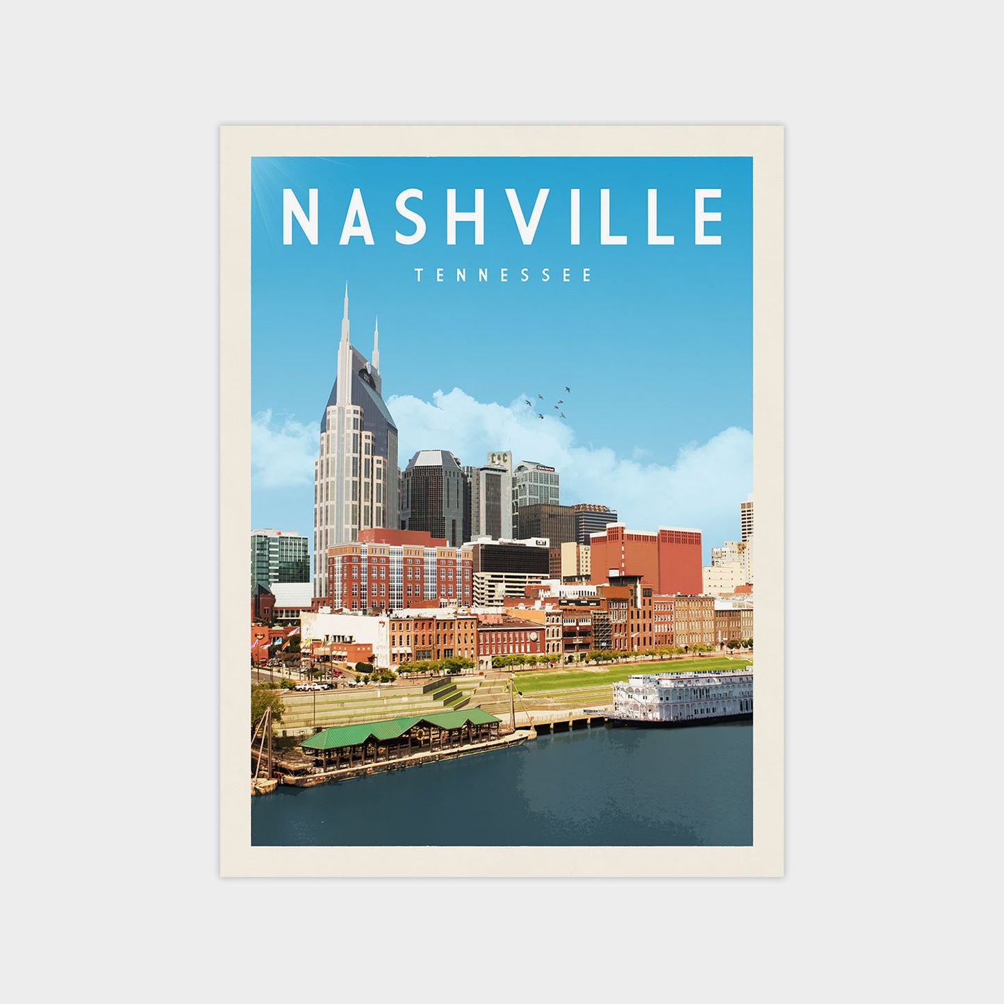 A poster of Nashville, Tennessee, featuring the city's skyline, river, and boats.