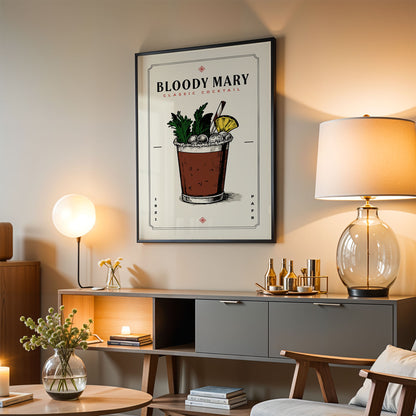 a living room with a framed poster of a Bloody Mary cocktail hanging on the wall. The poster includes an illustration of the cocktail and the text "BLOODY MARY CLASSIC COCKTAIL". The room also has a wooden cabinet, a lamp, and some decorative items such as a vase with flowers and a stack of books.