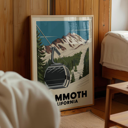 A framed poster of a ski lift in a mountainous landscape, with the text "Mmoth, California" prominently displayed.