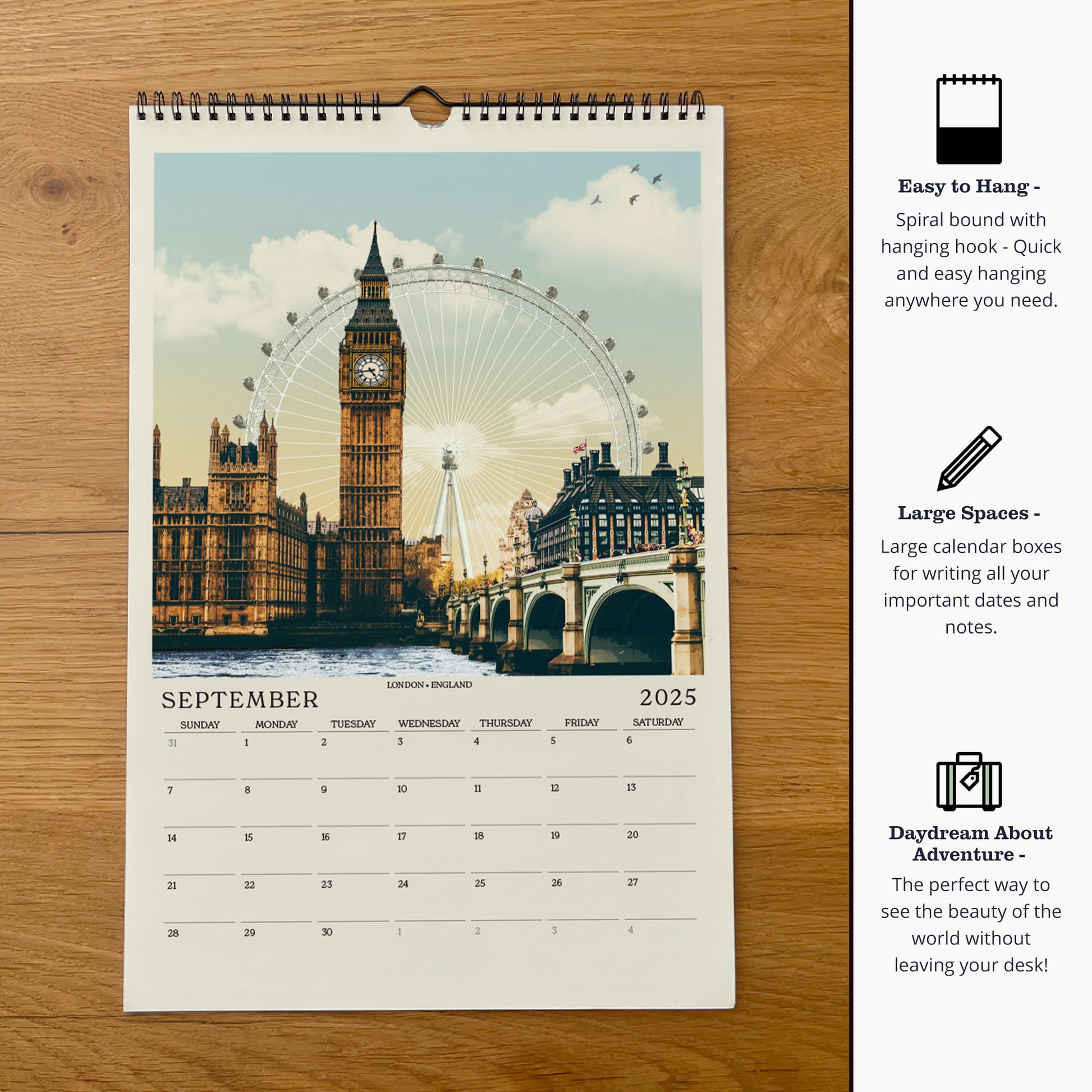 a calendar with a picture of big ben and the london eye