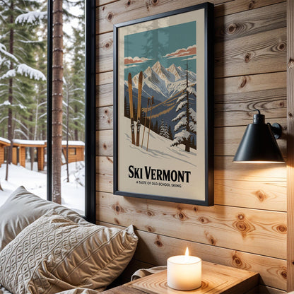 a cozy cabin interior with a framed poster of a snowy mountain landscape hanging on the wall, a lit candle on a wooden nightstand, and a view of a snowy forest through a window.
