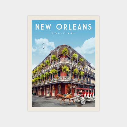 A vintage-style poster of New Orleans, Louisiana, featuring a horse-drawn carriage on a street with a large, ornate building with balconies and palm trees in the background.