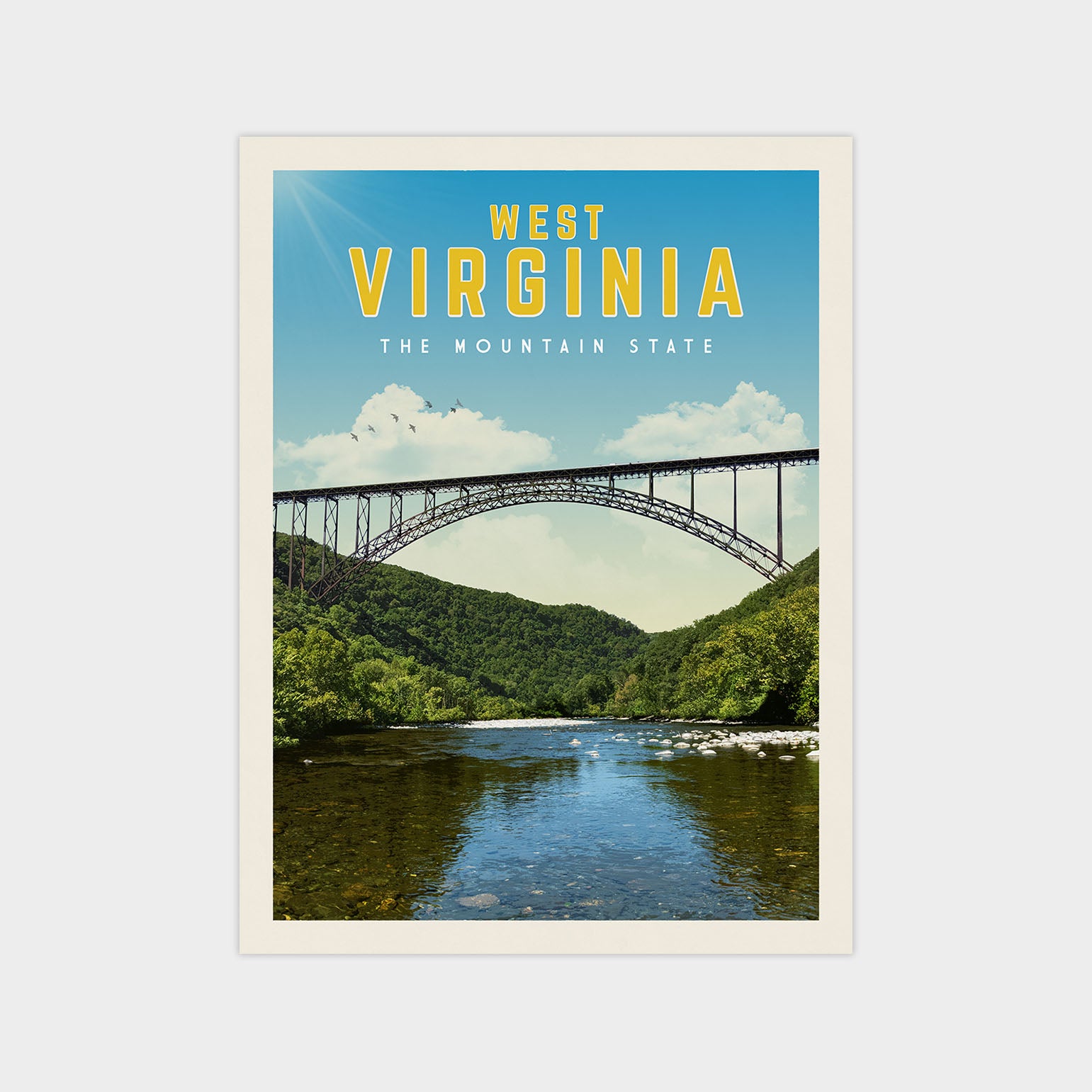 The image is a poster for West Virginia, featuring a large bridge spanning a river surrounded by lush green mountains.